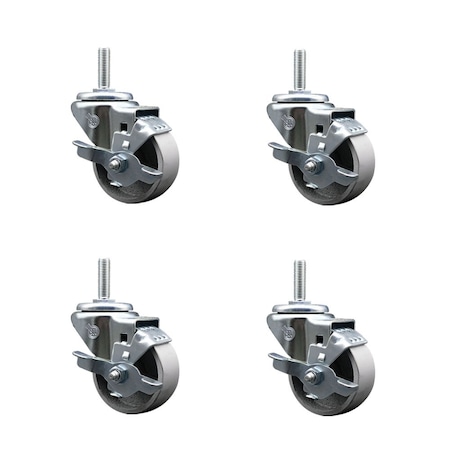 Service Caster 3 Inch Semi Steel Wheel Swivel 34 Inch Threaded Stem Caster Set with Brake SCC SCC-TS20S314-SSS-TLB-34212-4
